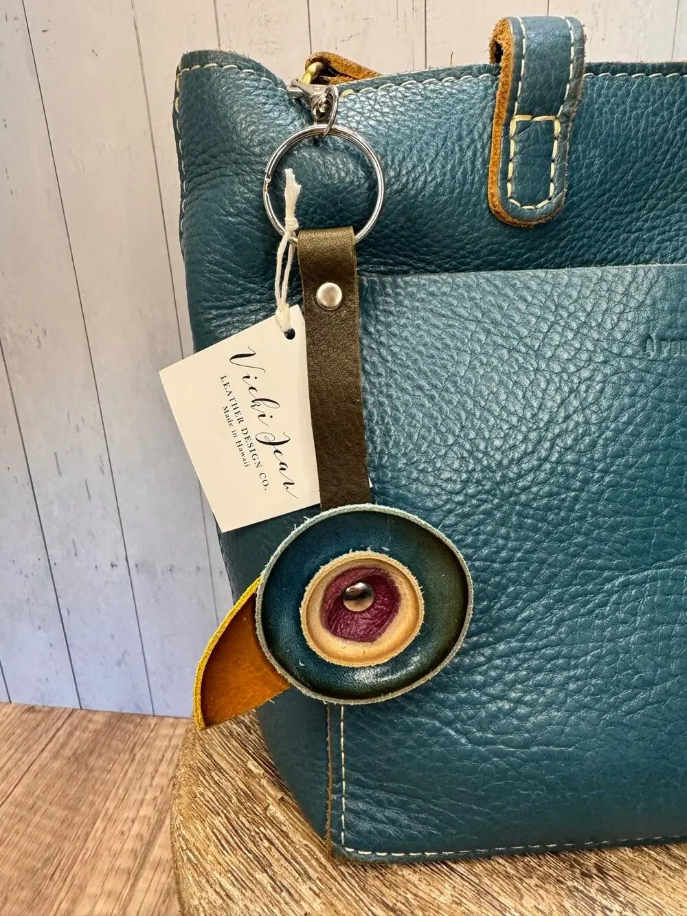 Genuine Leather Round Flower Purse Charm Blue Tan Plum Boho Bag Charm